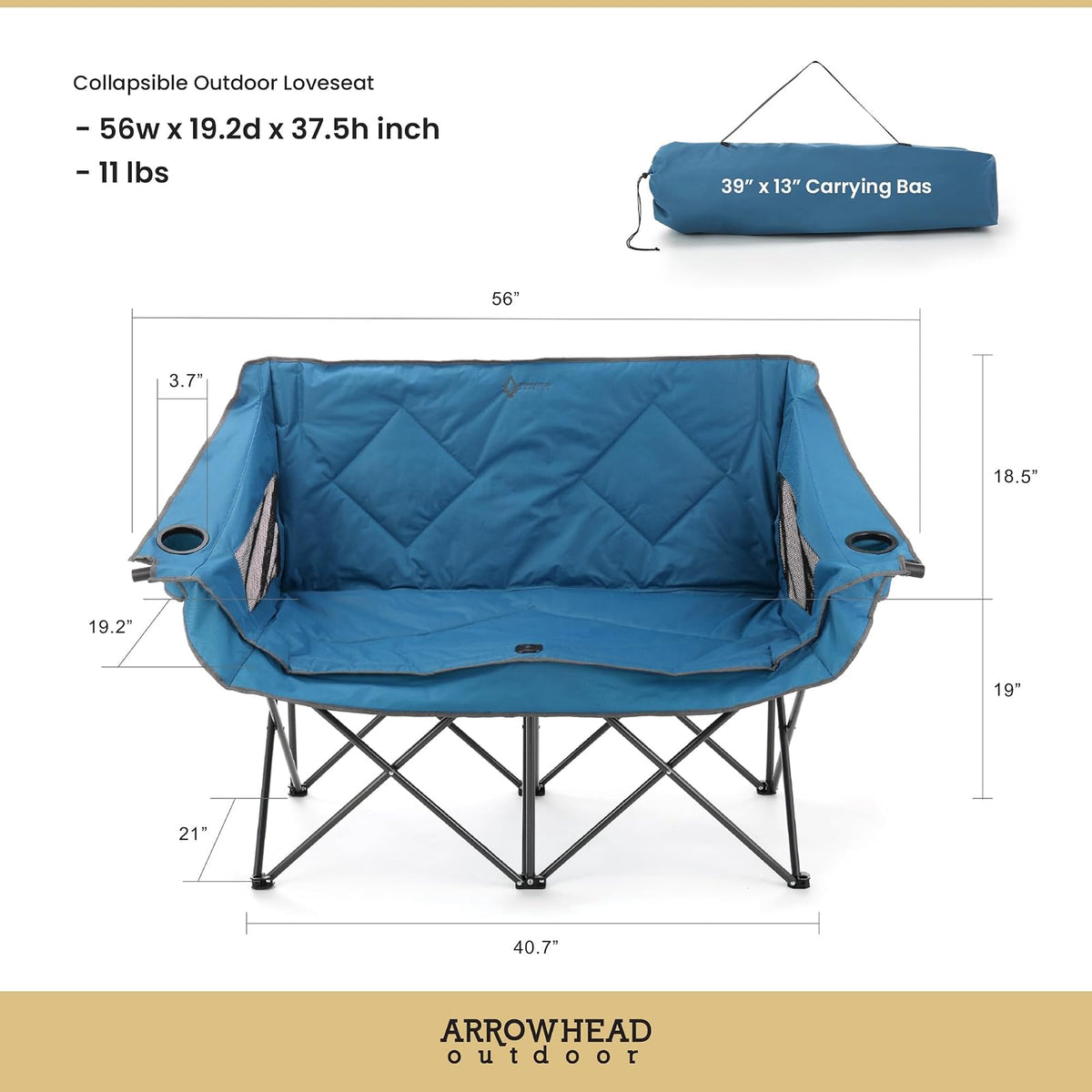 Arrowhead Outdoor - Sofá de Cama Doble Plegable portátil con 2 Tazas y Soporte para Copas de Vino, Bolsa de Transporte Resistente, Asientos Acolchados y apoyabrazos, soporta hasta 500 Libras, Soporte