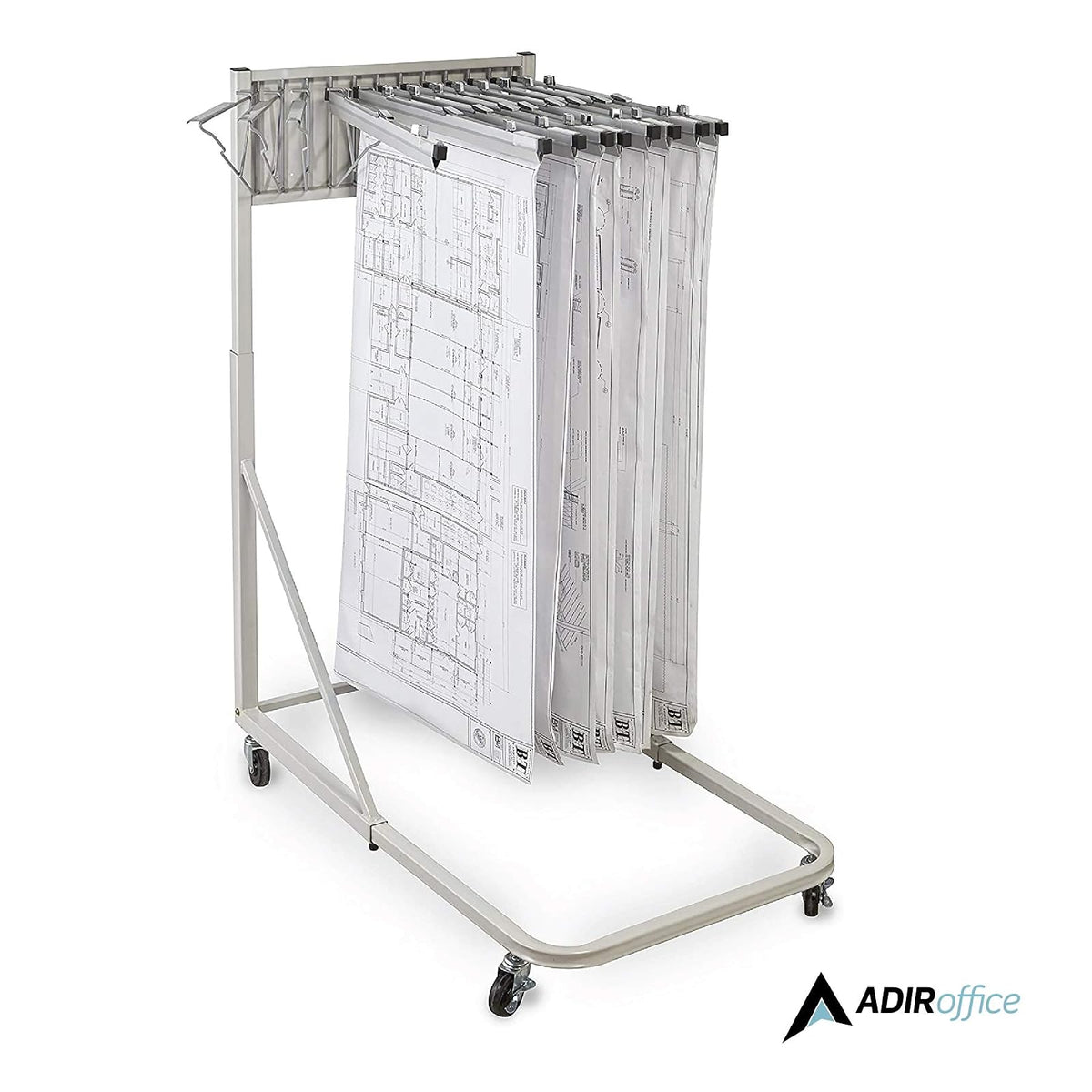 Adir Soporte Rodante Para Planos Acero | Beige arena, 12 soportes pivotantes, altura ajustable 116.8-167.6 cm, longitud ajustable 72.4-118.1 cm