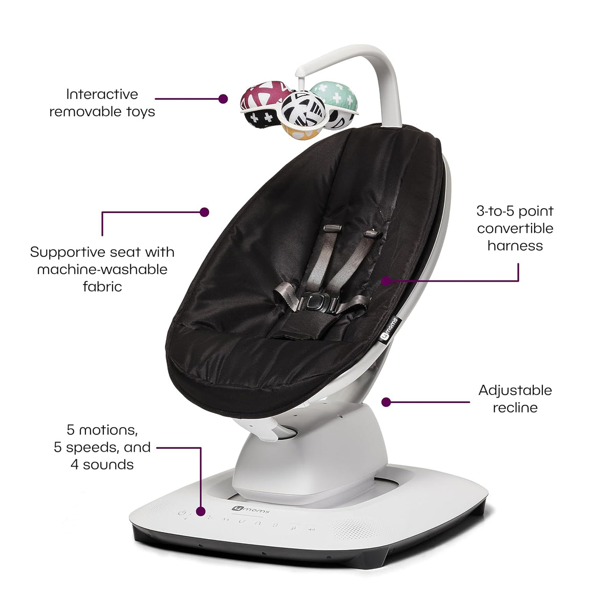 4moms MamaRoo - Columpio para bebé multimovimiento, Bluetooth habilitado con 5 movimientos únicos, color negro
