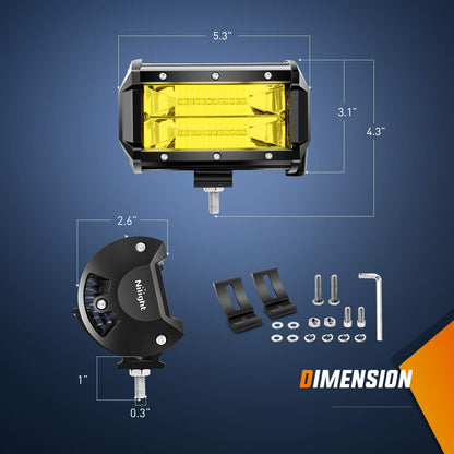 Nilight ZH304 Barra Luz LED 2 Unidades 5" 72W 10800 Lúmenes Luz Inundación Amarilla Todoterreno + Kit Arnés Cableado 16 AWG 2 Años Garantía