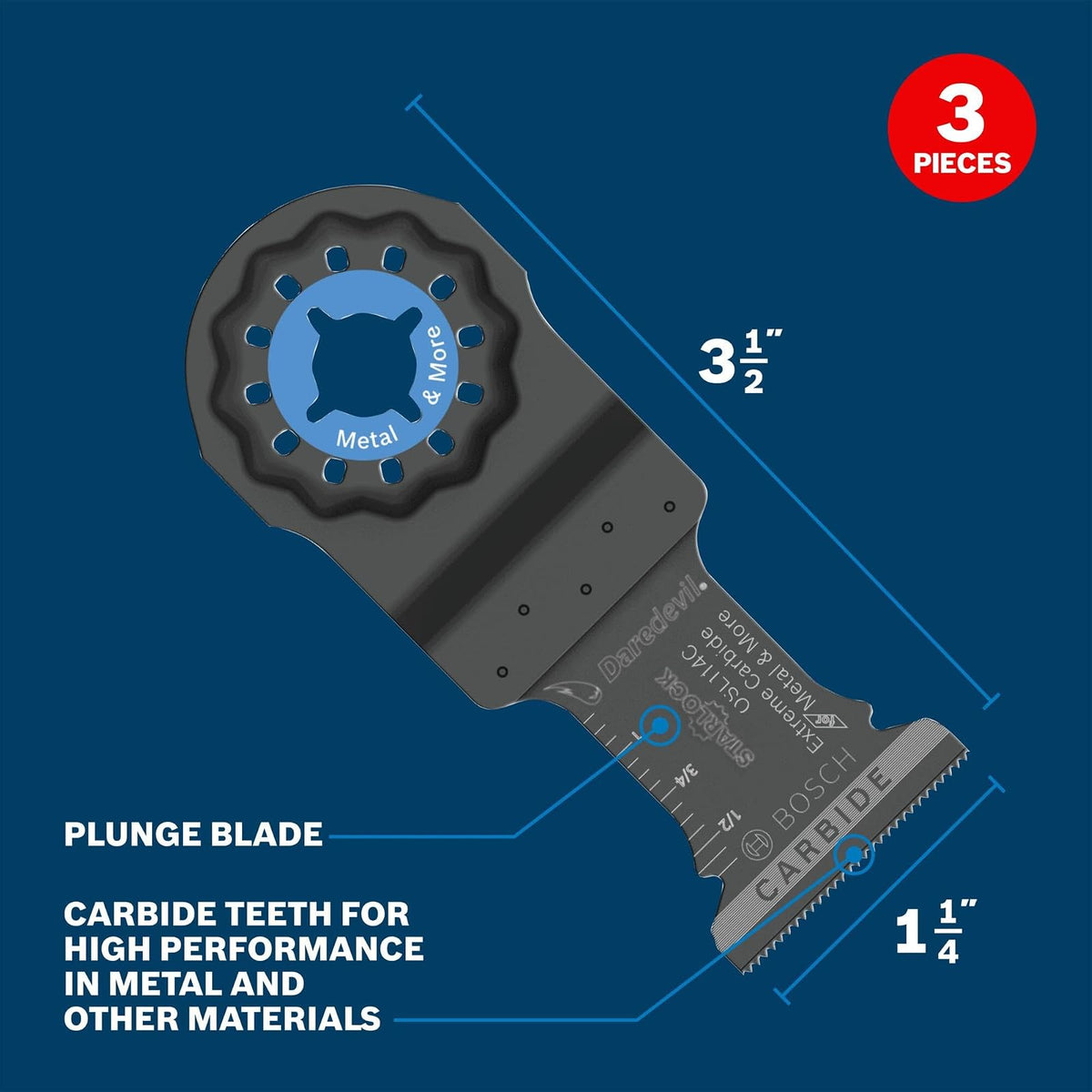 BOSCH OSL114C-3 Paquete de 3 cuchillas oscilantes Starlock de metal y más carburo para cortar barras de hierro, metal, madera con clavos, paneles de yeso y azulejos