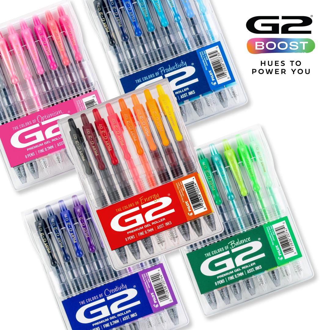Pilot G2 Boost - Bolígrafos de Gel Azul, Punta Fina 0.7 mm, Paquete de 8 | Los colores de productividad, bolígrafos de tinta negra y azul surtidos, bolígrafo de punta fina de 0,7 mm, bola borrable