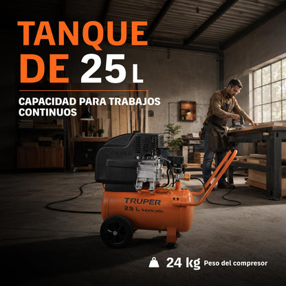 Truper COMP-25LT, Compresor de aire, lubricado, potencia máxima, 3 HP, 120 V, horizontal 25 L