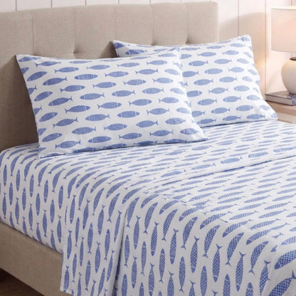 Nautica Woodblock Fish Sheet Set, Twin Blue