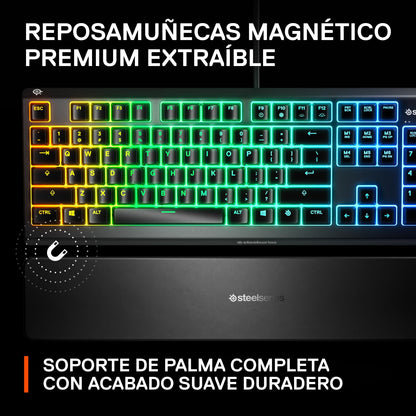 SteelSeries Apex 3 RGB Teclado para Juegos – Iluminación RGB de 10 Zonas – Resistente al Agua IP32 – Reposamuñecas magnético Premium (Interruptor silencioso para Juegos) – SP (español)