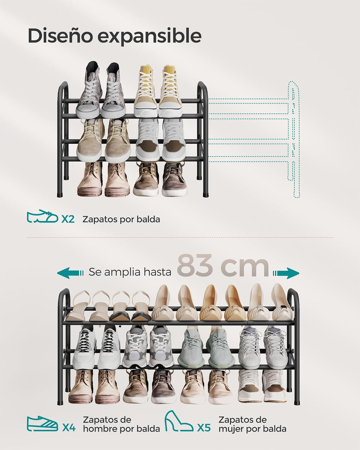 SONGMICS Zapatero Extensible, Zapatero de Metal de 2 Niveles, Organizador de Zapatos Ajustable, Estante Zapatos para Pasillo, Negro Tinta MLMR029B01