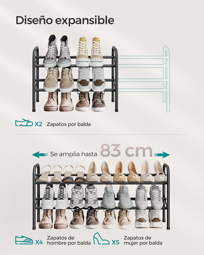 SONGMICS Zapatero Extensible, Zapatero de Metal de 2 Niveles, Organizador de Zapatos Ajustable, Estante Zapatos para Pasillo, Negro Tinta MLMR029B01
