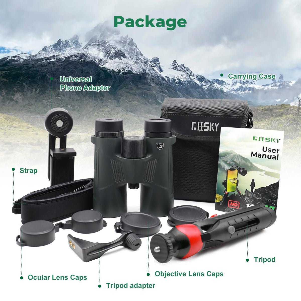 Gosky - Prismáticos HD de 10 x 42 para Adultos con Adaptador de teléfono, prismáticos de Alta Potencia con Prisma BAK4 y Lente FMC, prismáticos Impermeables para observación de Aves, Caza, Viajes,