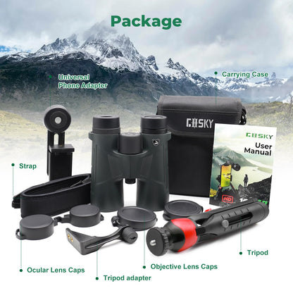 Gosky - Prismáticos HD de 10 x 42 para Adultos con Adaptador de teléfono, prismáticos de Alta Potencia con Prisma BAK4 y Lente FMC, prismáticos Impermeables para observación de Aves, Caza, Viajes,