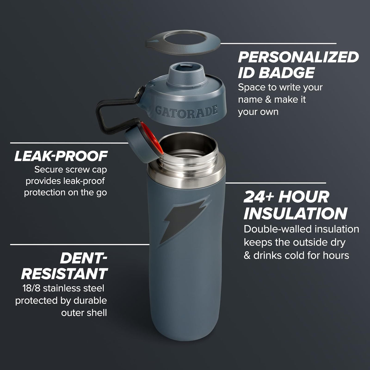 Gatorade 'Overtime' Botella de agua de acero inoxidable de 32 onzas, tapa giratoria, gris