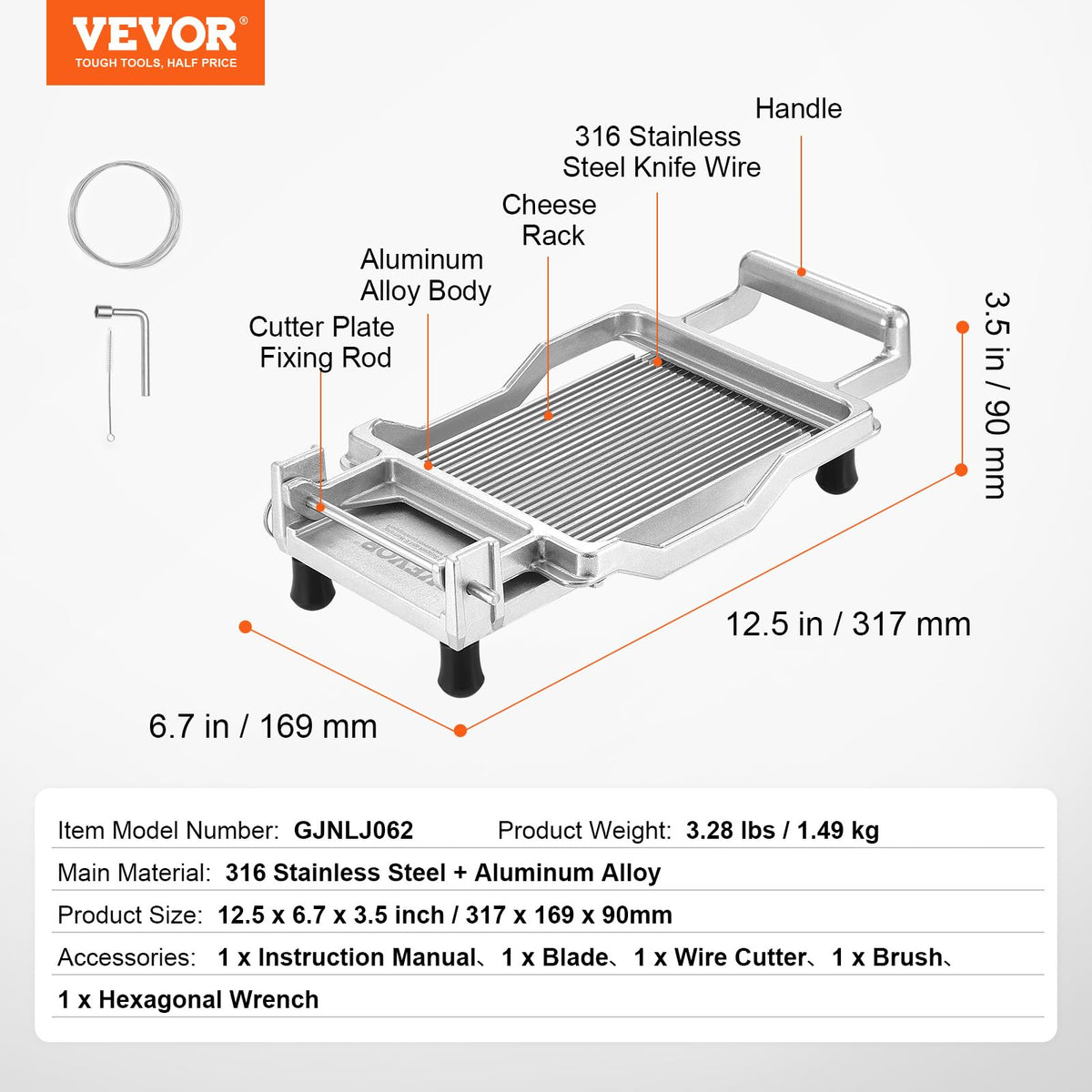 VEVOR Cortador de queso con alambre, cortador de queso de 5,08 mm, hoja de corte de queso ultrafina, alambre desmontable para cortar queso, aleación de aluminio + acero inoxidable, herramientas de