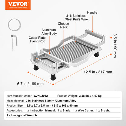 VEVOR Cortador de queso con alambre, cortador de queso de 5,08 mm, hoja de corte de queso ultrafina, alambre desmontable para cortar queso, aleación de aluminio + acero inoxidable, herramientas de