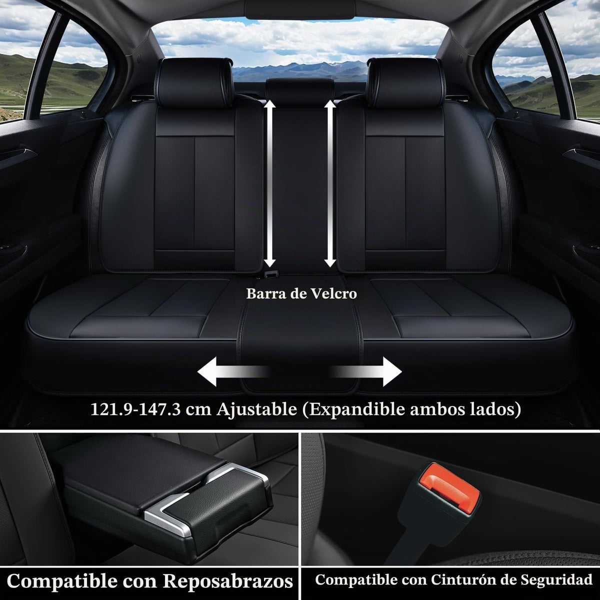 Coverado Juego Completo de Fundas de Asiento de Piel Napa Negro, Impermeables con Soporte Lumbar, Ajuste Universal