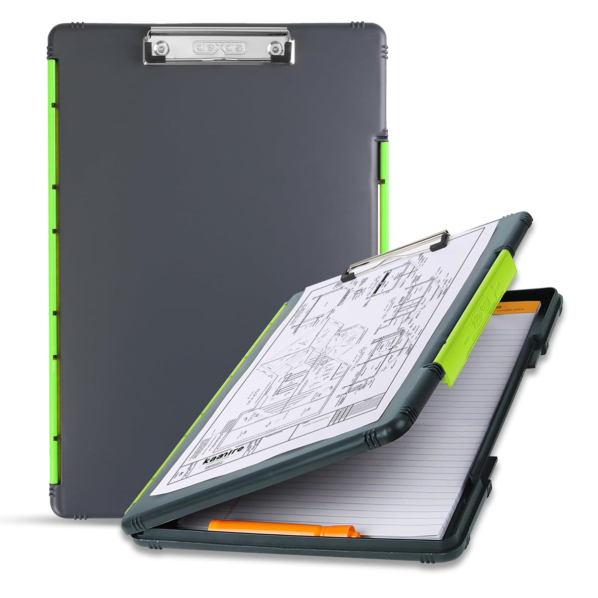 Dexas portapapeles de tamaño Legal para Almacenamiento, Gris con Clip Amarillo, Gris, Verde (Gray with Green Clip), 1