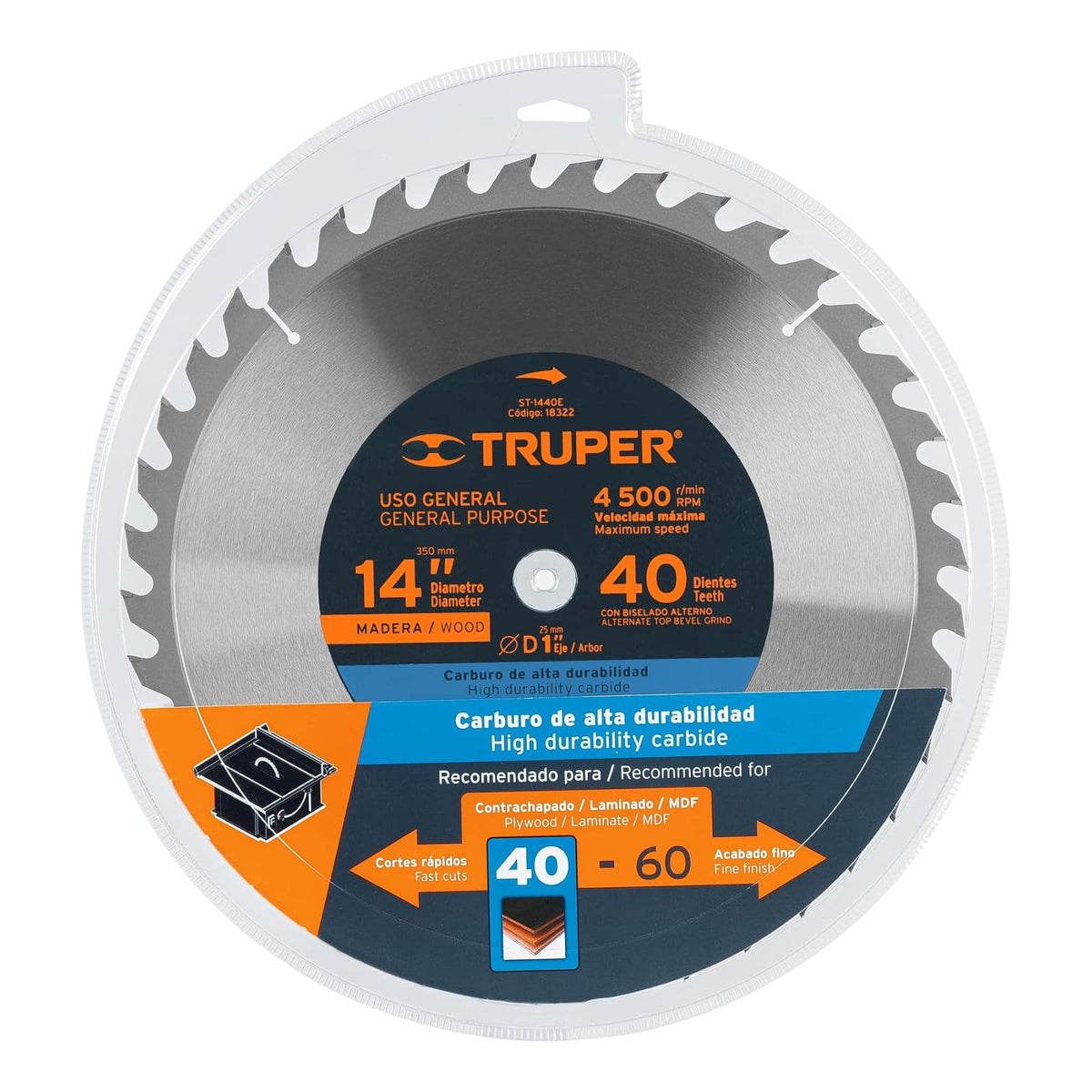 Truper ST-1440E, Disco sierra p/madera 14", 40 dientes, centro 1"