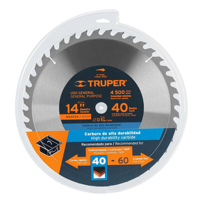 Truper ST-1440E, Disco sierra p/madera 14", 40 dientes, centro 1"