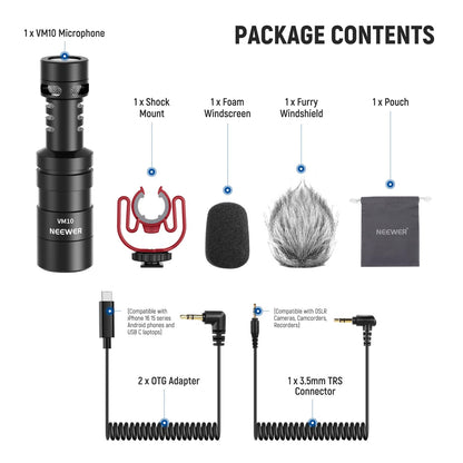 NEEWER Enchufar & Usar Vlog Micrófono, 20-20KHz Supercardioide Mini Mic con 3,5mm TRS, Cable USB C OTG, Montaje Antichoque, Parabrisas Compatible con iPhone 16 15 14 Samsung S24 Android Tablet, VM10