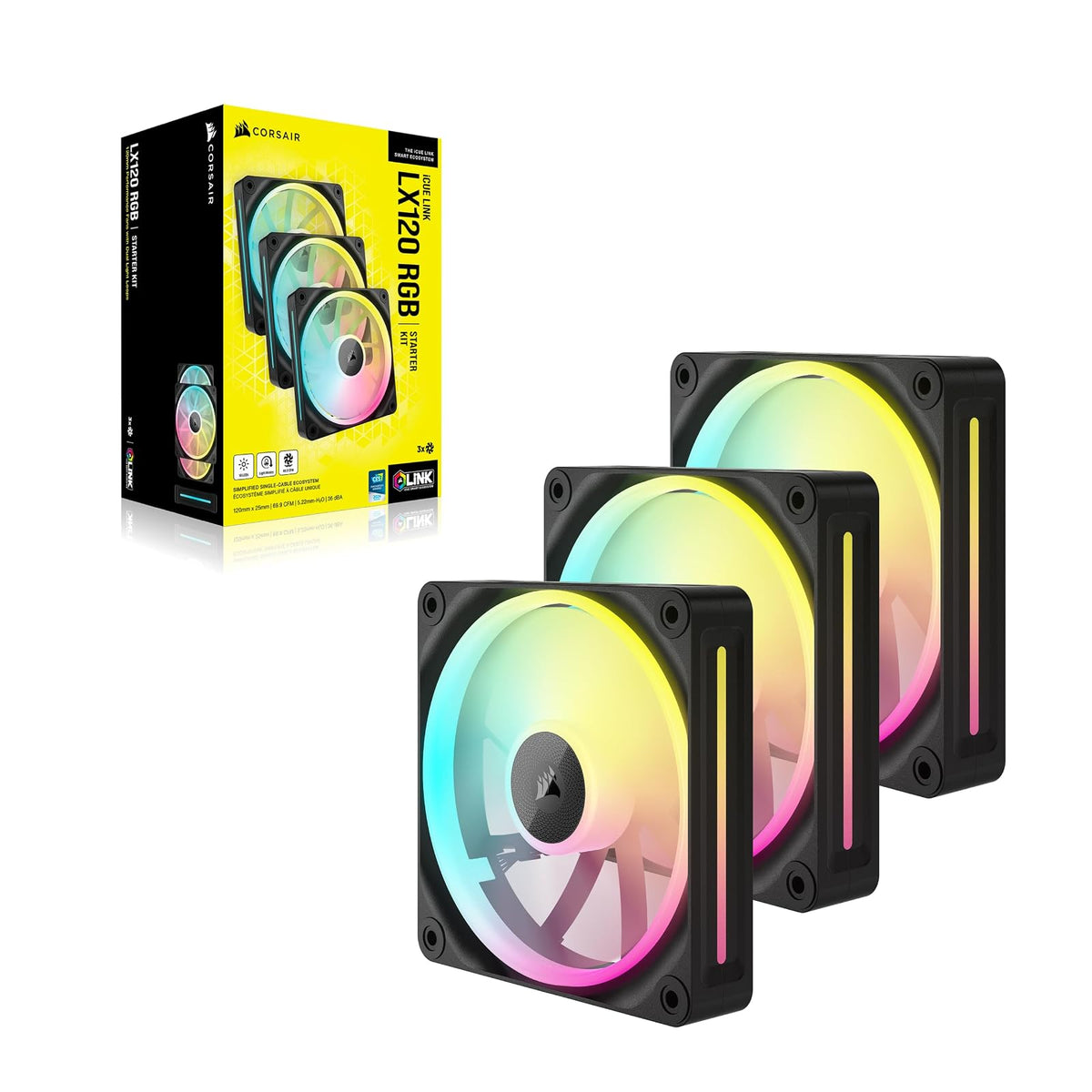 CORSAIR iCUE Link LX120 RGB 120 mm PWM Ventiladores – Paquete Triple – Bucles de luz dual – Incluye iCUE Link System Hub – Tecnología CORSAIR AirGuide – Negro
