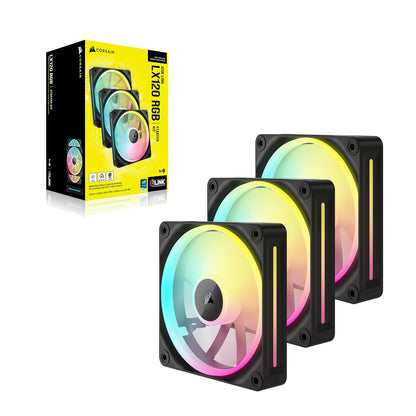 CORSAIR iCUE Link LX120 RGB 120 mm PWM Ventiladores – Paquete Triple – Bucles de luz dual – Incluye iCUE Link System Hub – Tecnología CORSAIR AirGuide – Negro