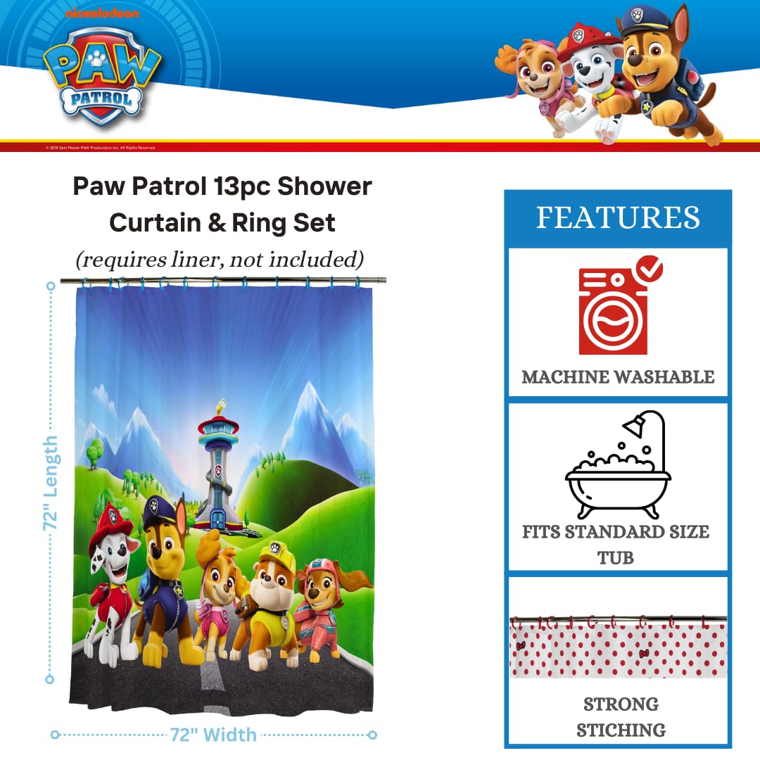 Franco Nickelodeon Paw Patrol - Juego de Cortina de Ducha y Anillo de 13 Piezas (Producto 100% con Licencia Oficial)