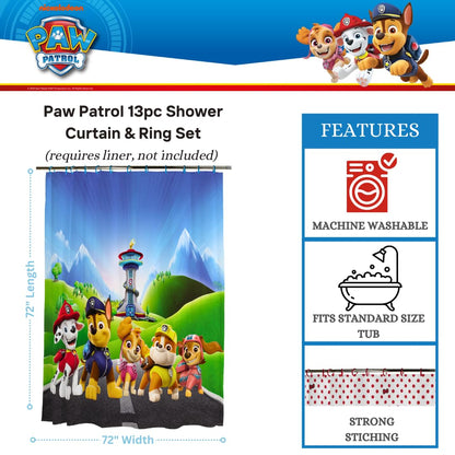Franco Nickelodeon Paw Patrol - Juego de Cortina de Ducha y Anillo de 13 Piezas (Producto 100% con Licencia Oficial)