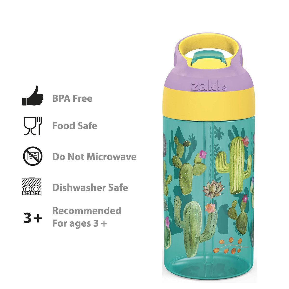 Zak Designs Riverside Desert Life - Botella de agua para niños de 16 onzas con popote y lazo de transporte integrado, hecha de plástico duradero, diseño a prueba de fugas para viajes, juego de 2 unidades