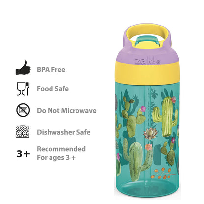 Zak Designs Riverside Desert Life - Botella de agua para niños de 16 onzas con popote y lazo de transporte integrado, hecha de plástico duradero, diseño a prueba de fugas para viajes, juego de 2 unidades