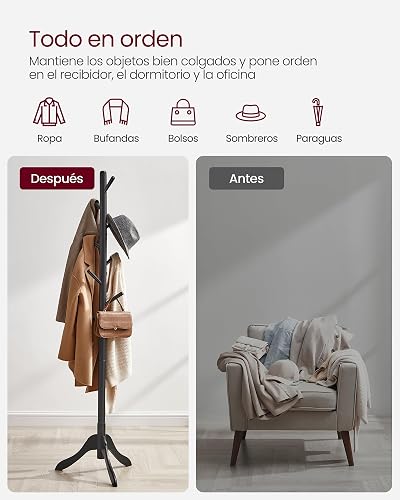 VASAGLE URCR001B01 - Perchero de madera maciza con 8 ganchos,3 opciones de altura,para ropa,sombreros,bolsos,sala de estar,recámara,oficina en casa,oficina,color negro tinta.