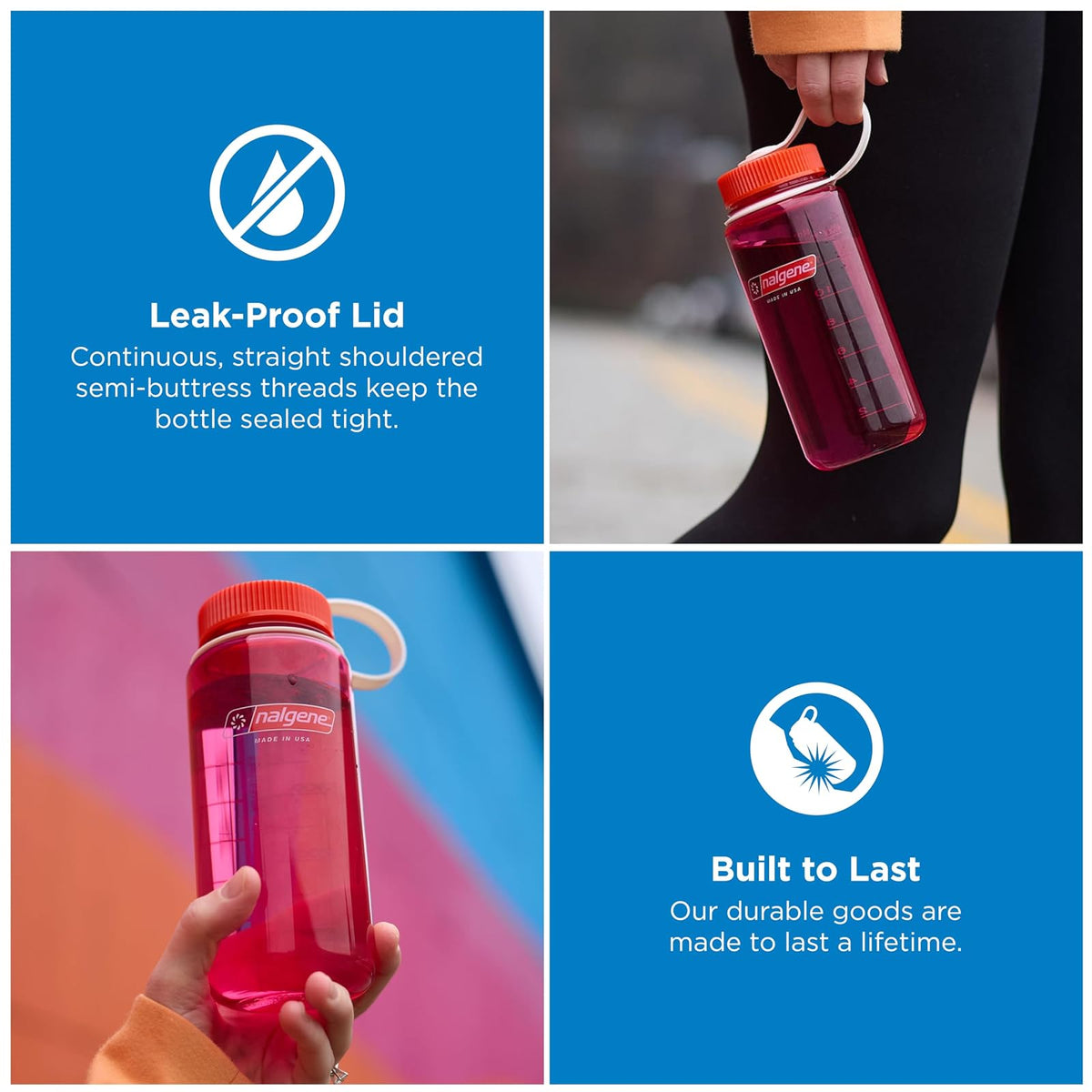 Nalgene Botella de agua – Botella ligera de Tritan sin BPA inastillable para mochileros, senderismo, gimnasio, 16 onzas, boca ancha, azul aciano