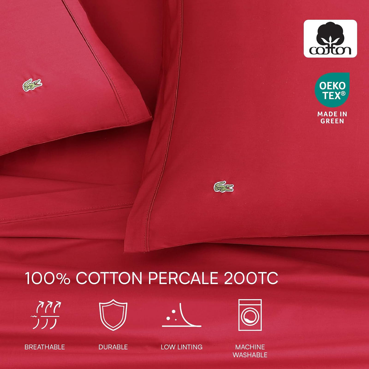 Lacoste Percale Sábana Bajera, Chili Pepper, Individual Extra Grande, 1, 1