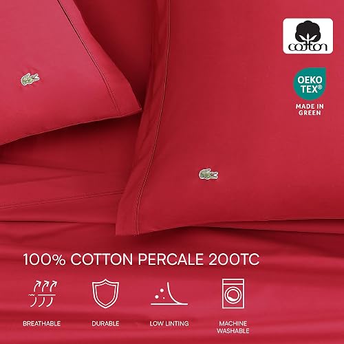 Lacoste - Juego de sábanas de percal 100% algodón, lisas, ají, completo