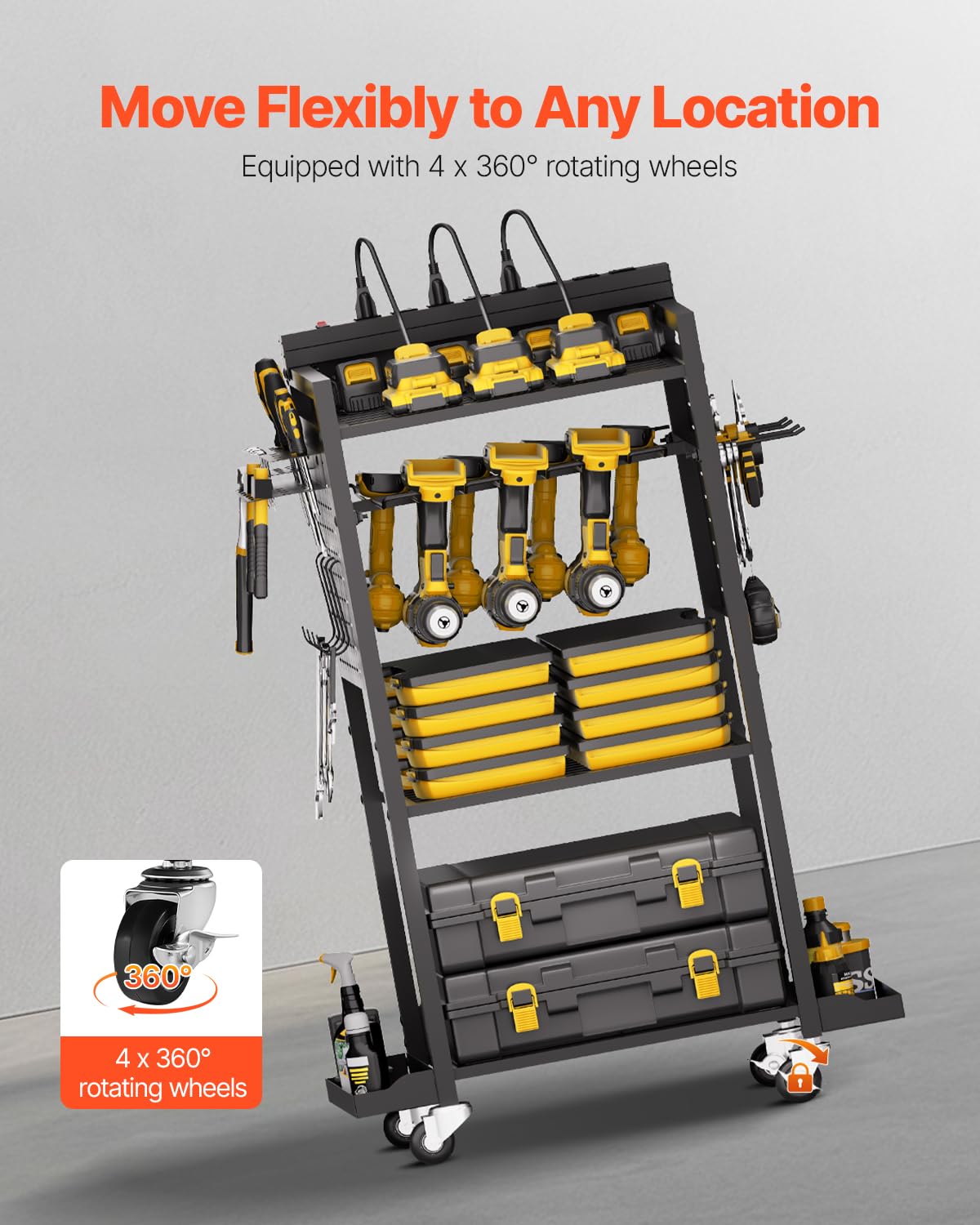 VEVOR Carrito Organizador de Herramientas de 4 Niveles con estación de Carga, 8 Tomas de CA, Soporte para Taladro con Ruedas y Soporte para batería de Herramientas con Ruedas, para Taller o Garaje