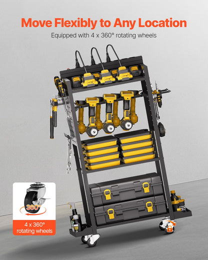 VEVOR Carrito Organizador de Herramientas de 4 Niveles con estación de Carga, 8 Tomas de CA, Soporte para Taladro con Ruedas y Soporte para batería de Herramientas con Ruedas, para Taller o Garaje