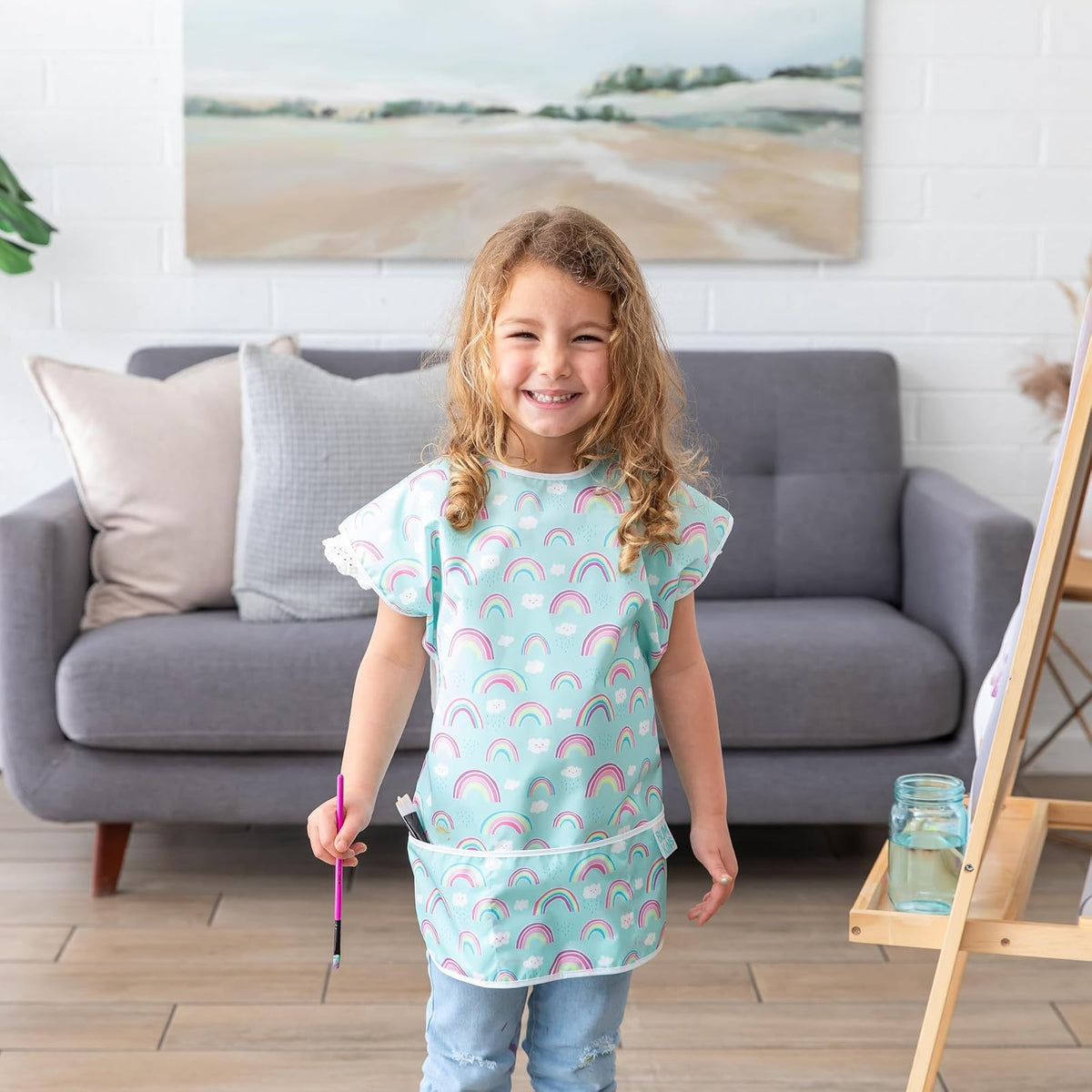 Bumkins Kids Short Sleeve Smock, Waterproof, Art, Crafts, Play, Washable, Stain & Odor Resistant, 3-7 Years, Rainbows