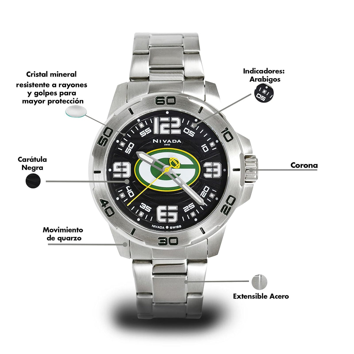 Nivada Swiss Edición Especial Green Bay Packers Reloj para Hombre Extensible de Acero Carátula Negra Indicadores Arábigos Taquímetro Caja 42MM