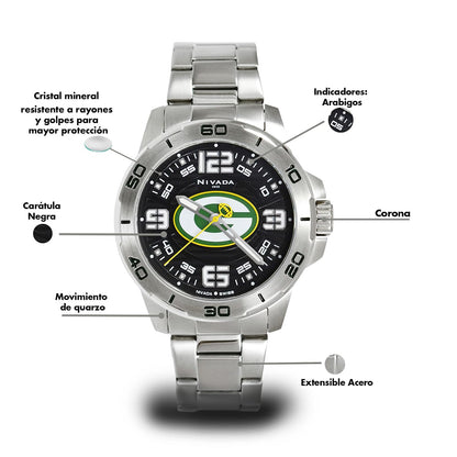 Nivada Swiss Edición Especial Green Bay Packers Reloj para Hombre Extensible de Acero Carátula Negra Indicadores Arábigos Taquímetro Caja 42MM