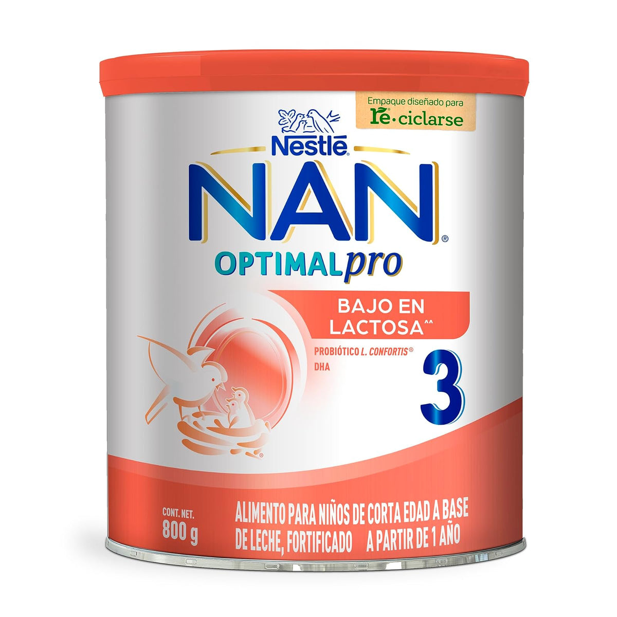 NAN 3 Optimal Pro Baja en Lactosa, Alimento Para Niños 1 Año, Lata de 800 g