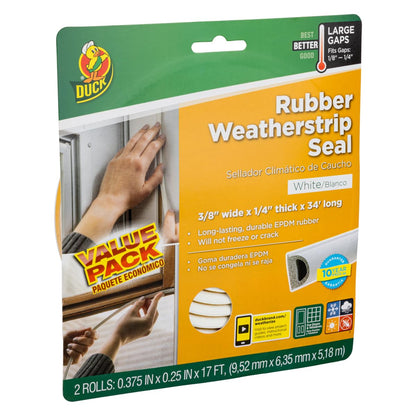 Duck Brand 282434 - Sello autoadhesivo resistente para grandes huecos, 3/8 pulgadas de ancho x 1/4 pulgadas de grosor x 17 pies de largo, 2 sellos, blanco