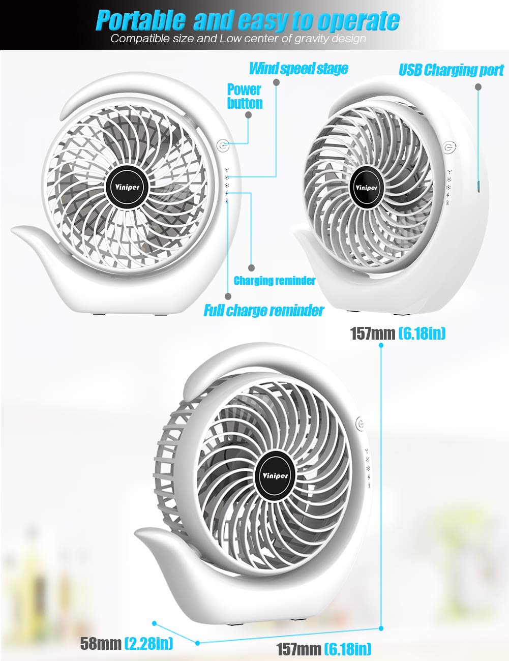 Viniper Ventilador recargable portátil, ventilador de computadora pequeño: 3 velocidades y aproximadamente 8-24 horas de trabajo más largo, rotación 180, ventilador de computadora portátil, pequeño
