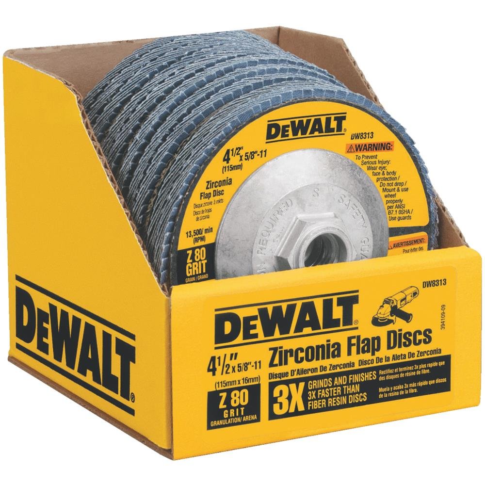 DEWALT Disco de solapa, circonia, 4-1/2 pulgadas por 5/8 pulgadas, grano 80 (DW8313)