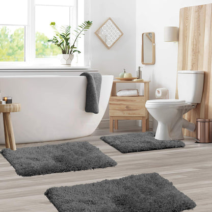 Clara Clark - Alfombra de baño de Pelo Largo con Base Antideslizante de Goma Supersuave, Gris, Set de 3 Piezas, 1