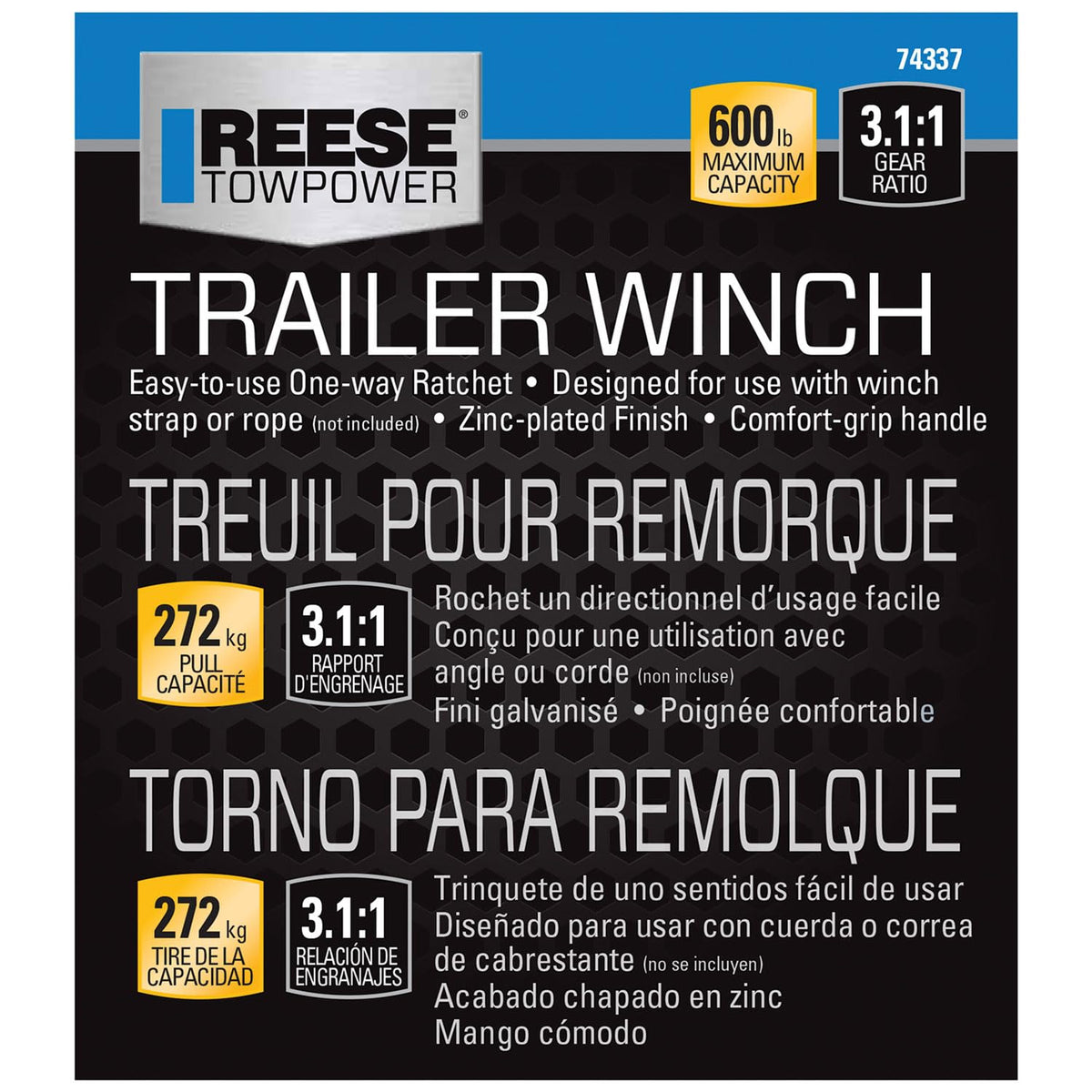Reese Towpower 74337 - Cabrestante de Capacidad de 600 Libras, Color Negro