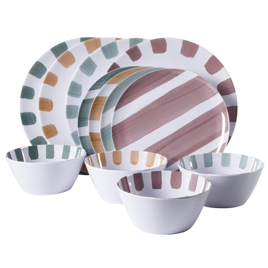 Gibson Home Cottage Stripes Juego de 12 Piezas de Platos y Tazones | Melamina irrompible, para exteriores, camping, uso diario, colores surtidos