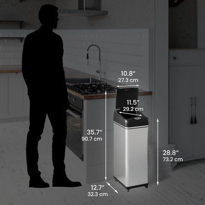 iTouchless - Sistema de control de olores para cubos de basura con sensor deslizante, cubo de basura automático de cocina y oficina (alimentado por batería o adaptador de CA opcional), 49.2 l, acero inoxidable con ruedas