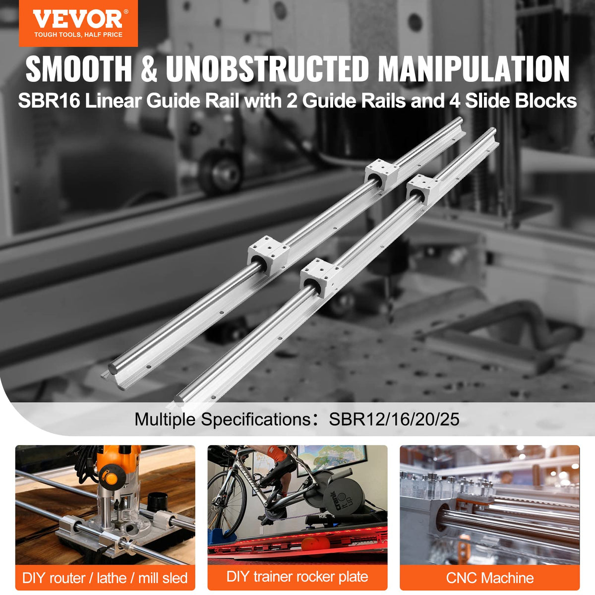 VEVOR SBR16 Rieles de Guía Lineal 1000mm 2PCS Carril Lineal 1000m 4PCS Bloque de Cojinete SBR16UU Kit de Deslizamiento de Cojinete Lineal para Máquinas Automatizadas CNC Fresadoras Tornos Impresora 3D