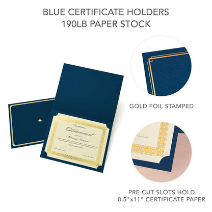 Gartner Studios Kit de certificado, incluye 6 soportes de certificado de 21,6 x 28 cm, color azul con detalles dorados