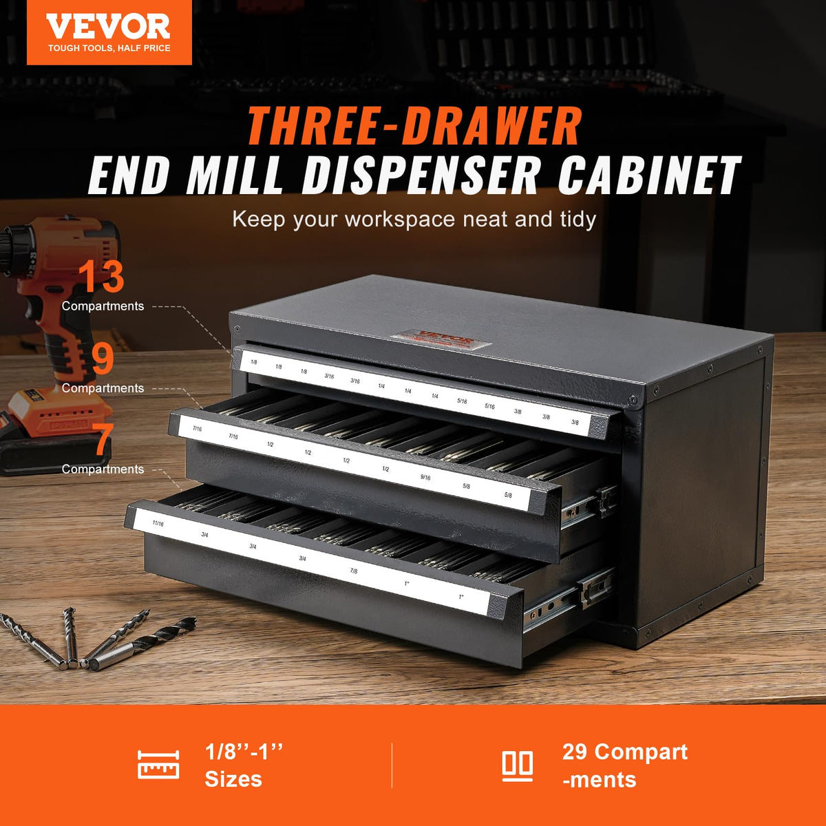 VEVOR - Dispensador de molino de extremo – Gabinete organizador de molino de extremo de tres cajones, acero laminado en frío, tamaños fraccionales de 1/8 a 1 pulgada