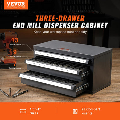 VEVOR - Dispensador de molino de extremo – Gabinete organizador de molino de extremo de tres cajones, acero laminado en frío, tamaños fraccionales de 1/8 a 1 pulgada
