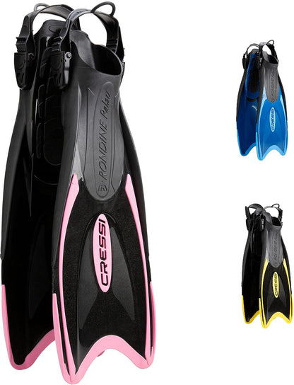 Cressi - Aletas de Buceo Ajustables para Toda la Familia, Hoja Larga versátil, talón Abierto Flippers Palau LAF Fabricado en Italia - Pequeño - Mediano - Negro - Rosado