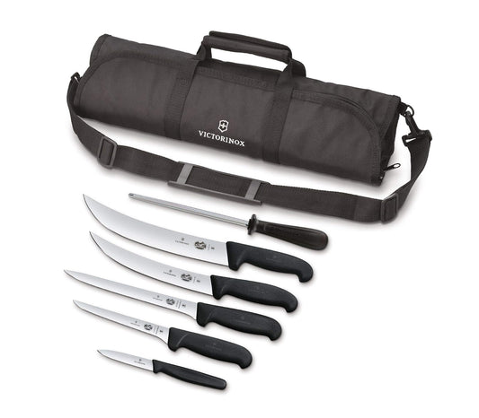 Victorinox Swiss Army Set de Barbacoa de 7 Piezas Master Competition con Mangos Fibrox Pro Rojos y Rollo para Cuchillo